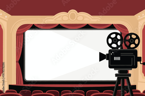 Vintage cinema interior with classic film projector and ornate screen framed by red curtains, stylized vector illustration.