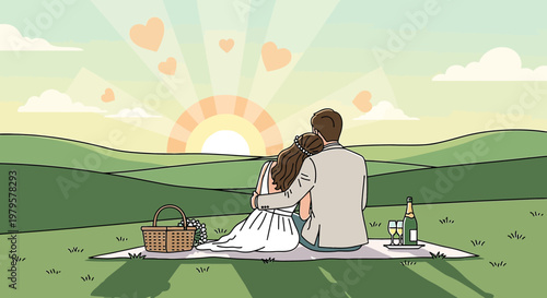 Couple Embracing on Picnic Blanket at Sunrise, Romantic Landscape Illustration