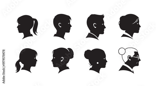 Diverse human profile silhouettes representing generations and genders in monochrome