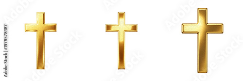 Foto Golden Christian cross icons set isolated on white background, 3D glossy metallic crucifix symbols for religious, spiritual, church, and faith based design projects, luxury set