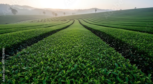 Rows of vibrant green tea bushes on a rolling hillside plantation at sunrise with misty mountains in the background