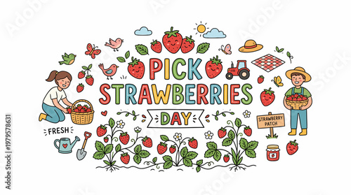 Pick Strawberries Day illustration, farm harvest fun