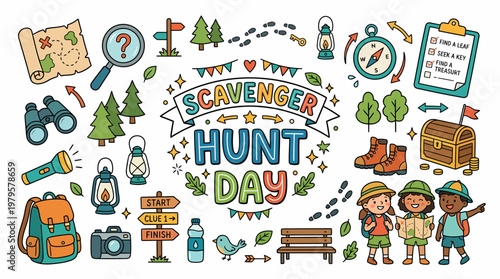 Scavenger Hunt Day - Kids, Map, Compass, Treasure Chest, Outdoors