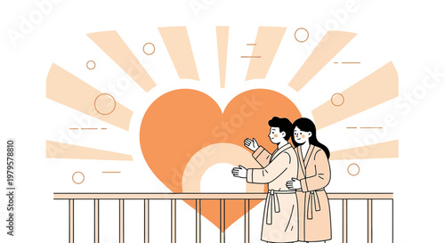 Couple Embracing Sunrise Heart Illustration