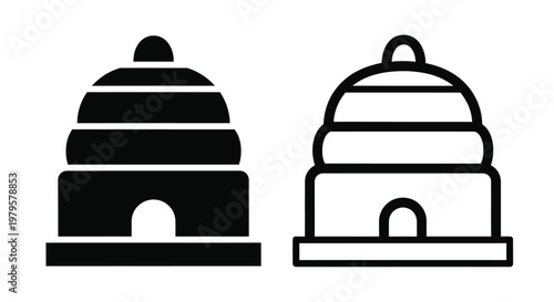 Two stylized beehives depicted in a bold black silhouette