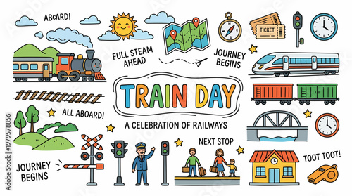 Train Day Celebration, Railway Journey, Transportation Doodle Art