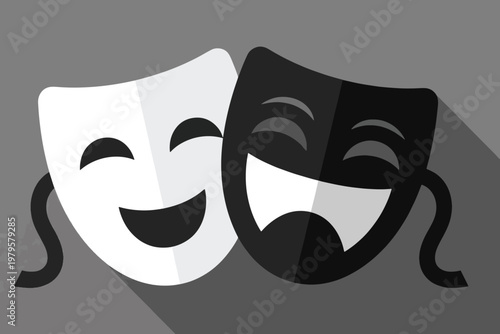 White smiling mask and black frowning mask side by side, symbol of comedy and tragedy, vector illustration.