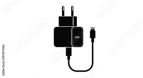Black usb power adapter with lightning cable clean silhouette