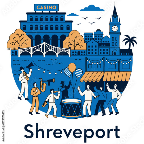 Vibrant Shreveport Louisiana Cityscape Illustration featuring Jazz Musicians, Casino, Landmarks, and Red River Waterfront in Modern Flat Vector Style