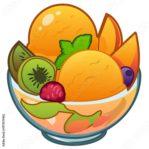 Tropical Fruit Sorbet Medley Vector Bowl with Kiwi and Peach on Transparent Background. An appetizing and vibrant vector illustration of a healthy fruit sorbet 