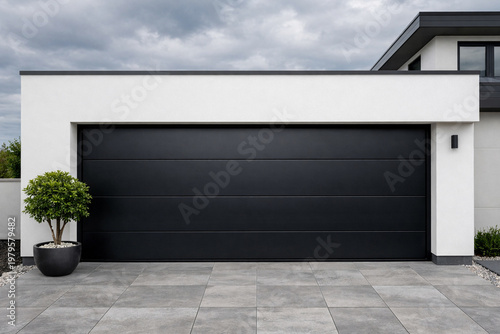 Modern white house facade with a large dark grey garage door and a green potted plant.