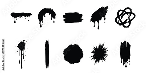 Grunge black ink brush strokes and paint drips, set of 10 vector splatter elements, hand drawn liquid drop silhouettes for street art design