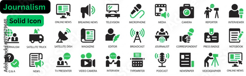 Solid vector of Journalism icon set. Mass media and journalism solid icon collection in creative scattered layout for news concepts