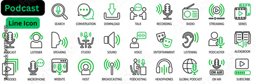 Line art vector of Podcast icon set. Podcast line icon set. Icon collection contains audio, microphone, record, podcasting, broadcasting and entertainment icons. outline icon set. 