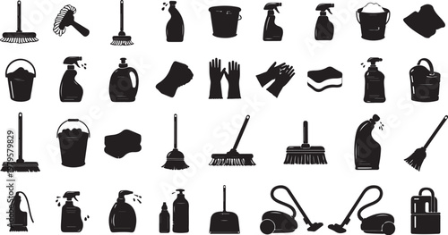 Cleaning supplies and tools in black silhouette style icons