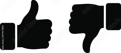 Minimalist black and white icon set of hands showing thumbs up and thumbs down gestures in simple flat vector style