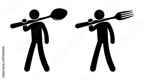 Stickman Holding Spoon and Fork – Eating Utensils Silhouette Vector Icon.