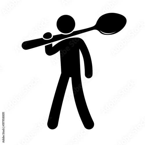 Stickman Holding Spoon – Eating Utensil Silhouette Vector Icon.