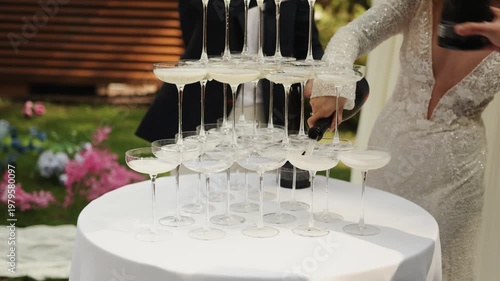 The bride and groom pour champagne into a pyramid of glasses for their guests; a close-up of their hands, the couple pours champagne at their garden wedding