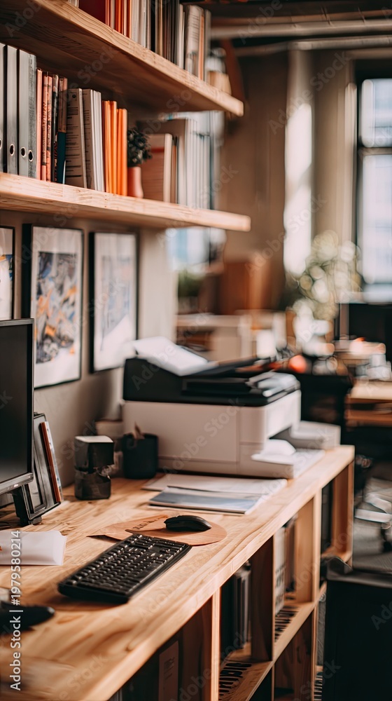 Fototapeta premium Modern workplace and printer on a shelf in the office. Out of focus