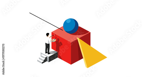 Businessman pushing large blue sphere uphill.