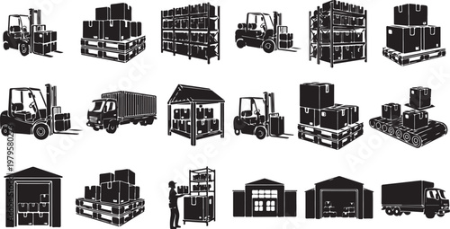 Warehouse Logistics and Transportation Icons in Black and White