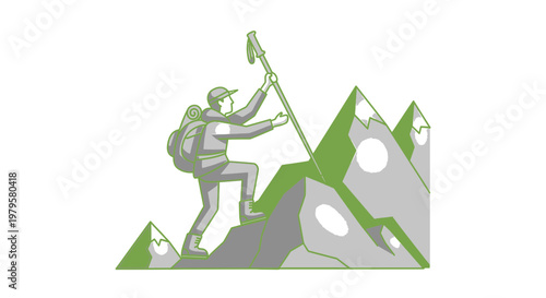 Isolated mountain climber illustration with backpack reaching for the summit with trekking pole