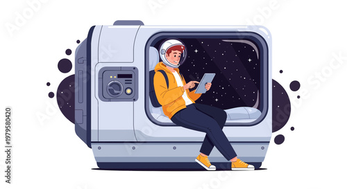 Isolated illustration of a serene astronaut using a tablet inside his spacecraft cabin