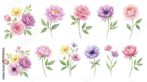 Soft pastel flower clipart set with botanical elements and romantic style. Collection of Vector illustrations for invitation, card, poster, banner, decoration