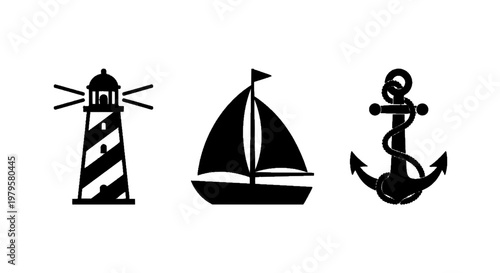 Vector illustration of set of nautical icons including lighthouse, sailboat and ship anchor on a transparent background