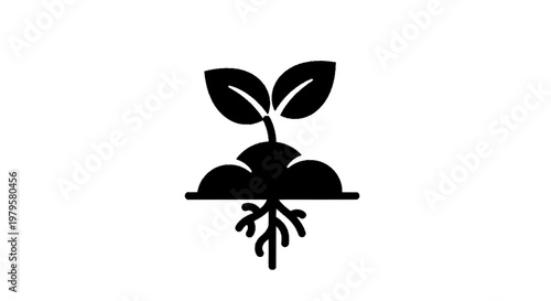 Vector illustration of black icon of a small plant sprout with roots growing in the soil on a transparent background