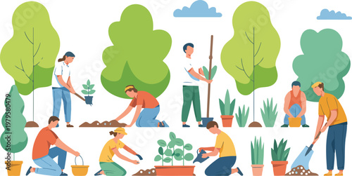 Flat vector illustration of community garden with diverse people working together planting greenery pots trees and outdoor gardening activities