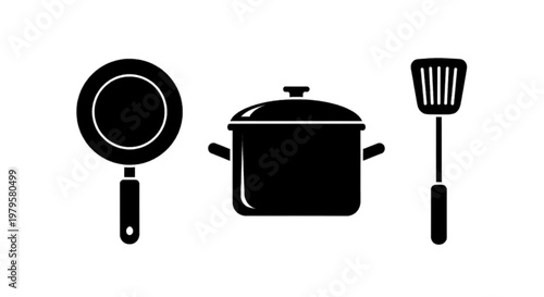 Vector illustration of set of kitchen utensils including a frying pan, a cooking pot, and a spatula on a transparent background