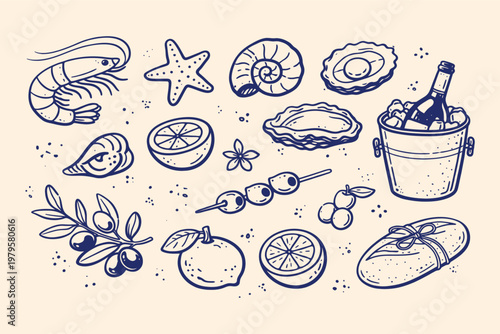 Mediterranean Seafood and Wine Doodle Set, Vector Illustration of Hand-Drawn Fish, Shrimp, Lobster, Crab, Octopus, Sea Elements, and Wine Bottle Collection