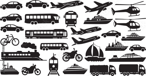 Various Transportation Vehicles and Modes of Travel Icons Silhouette