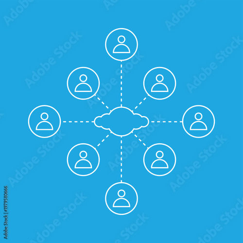 Cloud Network Diagram With Connected Users Icons Representing Remote Team Collaboration And Social Networking
