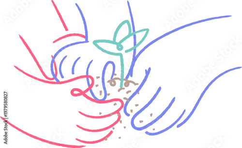 hand planting together human connection concept hand drawn roughen single line art