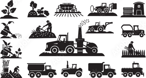 Agricultural icons and farming vehicles in black silhouette style