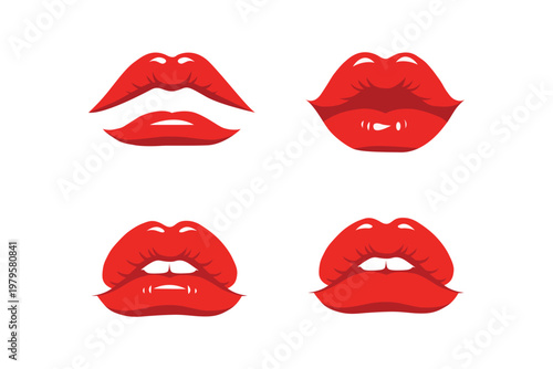 Four Red Lips Icon Set with Different Expressions, Isolated on White Background, Vector Illustration for Beauty and Cosmetic Themes