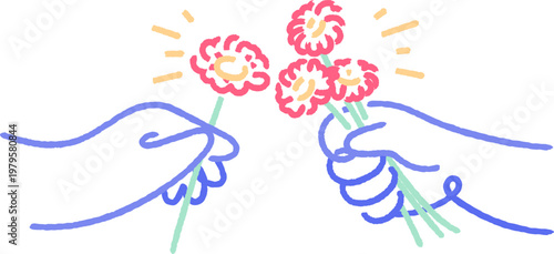 hand giving flower together human connection concept hand drawn rough line illustration
