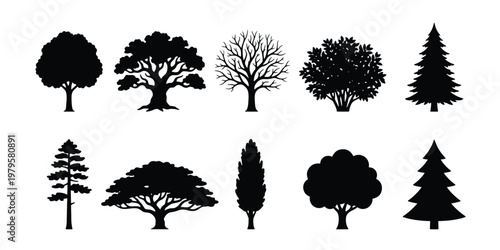 Black tree silhouettes collection, 10 forest and garden tree vector elements, minimalist oak and pine tree icons for landscape design and mapping