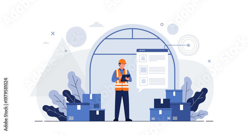 Logistics warehouse worker overseeing inventory through digital checklist technology efficiently