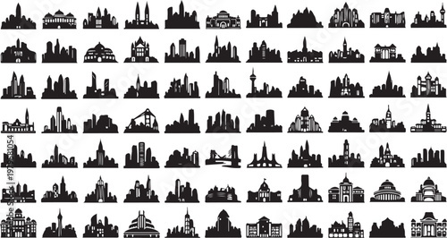Collection of various city skylines and buildings silhouettes