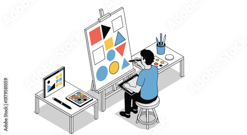 Man sitting at desk with easel.
