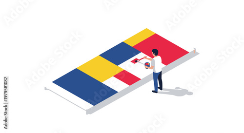 Person interacting with large puzzle pieces.