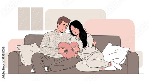 Loving Couple Holding Heart Illustration on Sofa, Romantic Connection