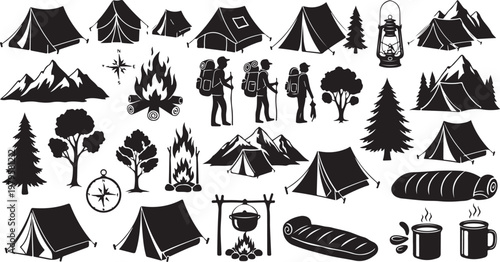 Camping icons and symbols for outdoor adventure travel planning