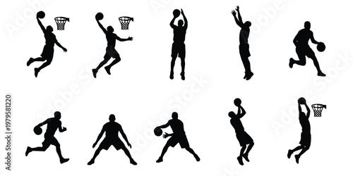 Basketball player silhouettes set, black vector athlete figures dunking and dribbling, professional basketball action poses collection
