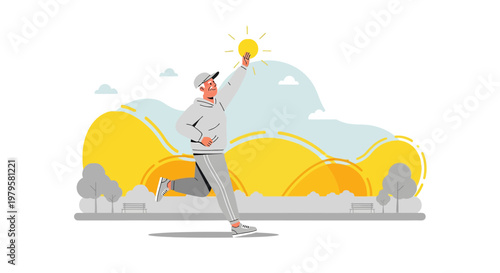 Man chasing the sun while jogging through a tranquil park landscape design