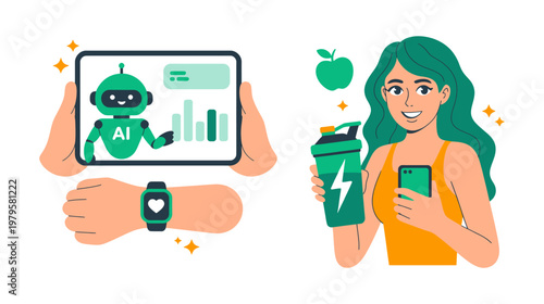Woman checking AI health app on tablet with fitness tracker and smartwatch artificial intelligence heart rate technology smartwatch exercise nutrition illustration lifestyle activity